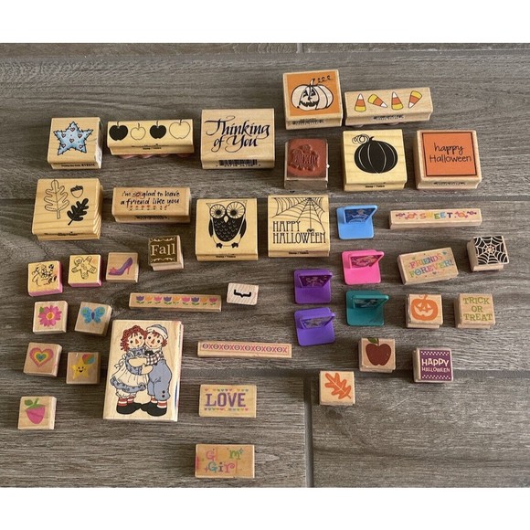 Wooden Other - Lot Of 35 Random Mixed Lot Stamps Rubber Wooden Mounted Halloween Holidays